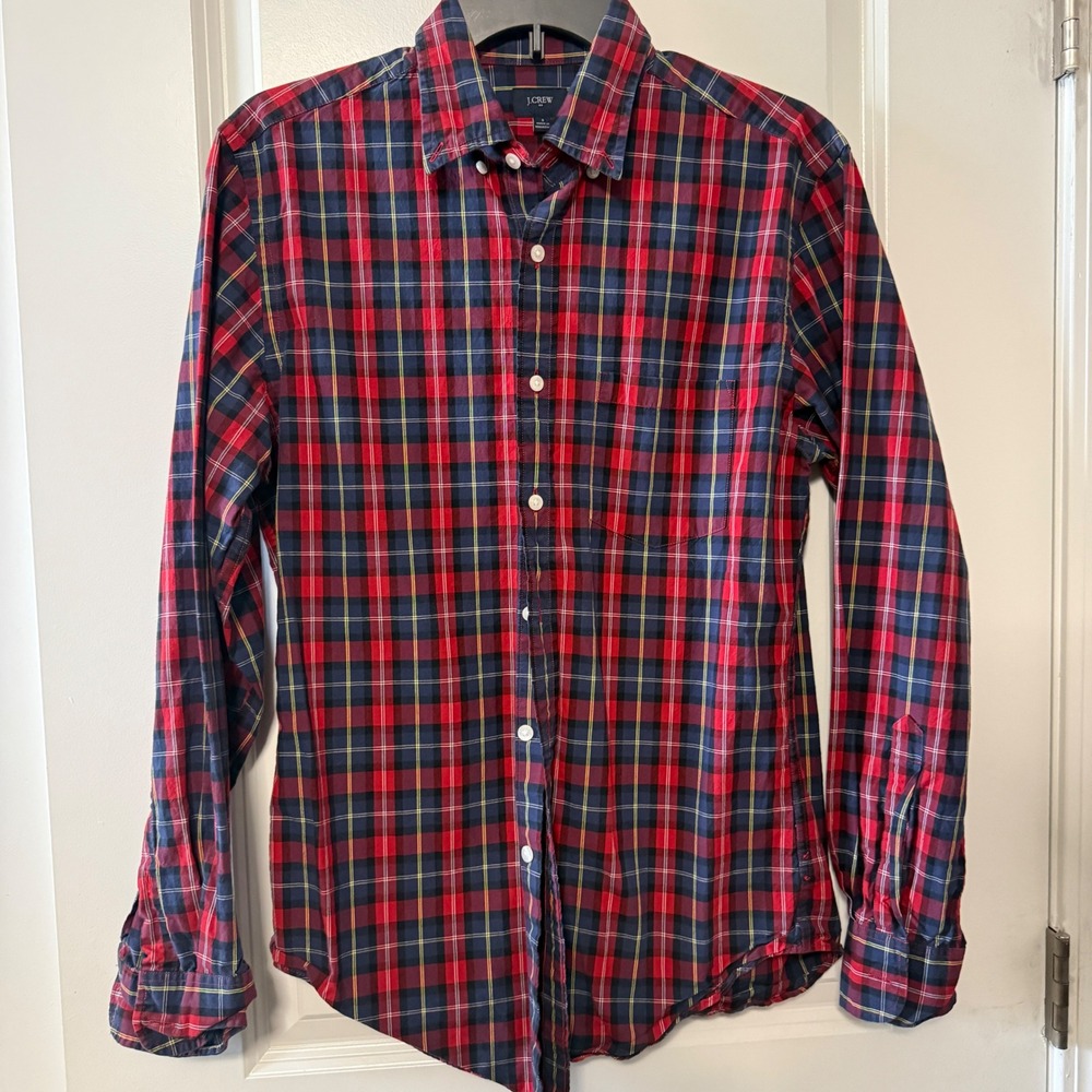 J.Crew Mens Small Long Sleeve Plaid Button Down Shirt Red Navy Blue
